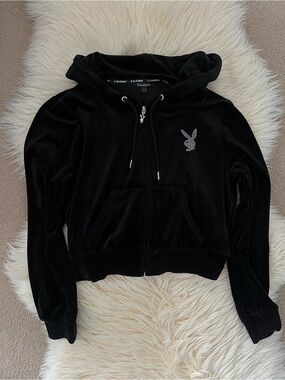 Playboy Black Velour Rhinestone Zip-Up Hoodie Y2K Cropped Size
Large